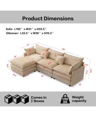 105" Modular Sectional Sofa, Modern L-Shaped 3-Seater Couch, Convertible Chenille Fabric Sofa with Detachable Ottoman for Living Room