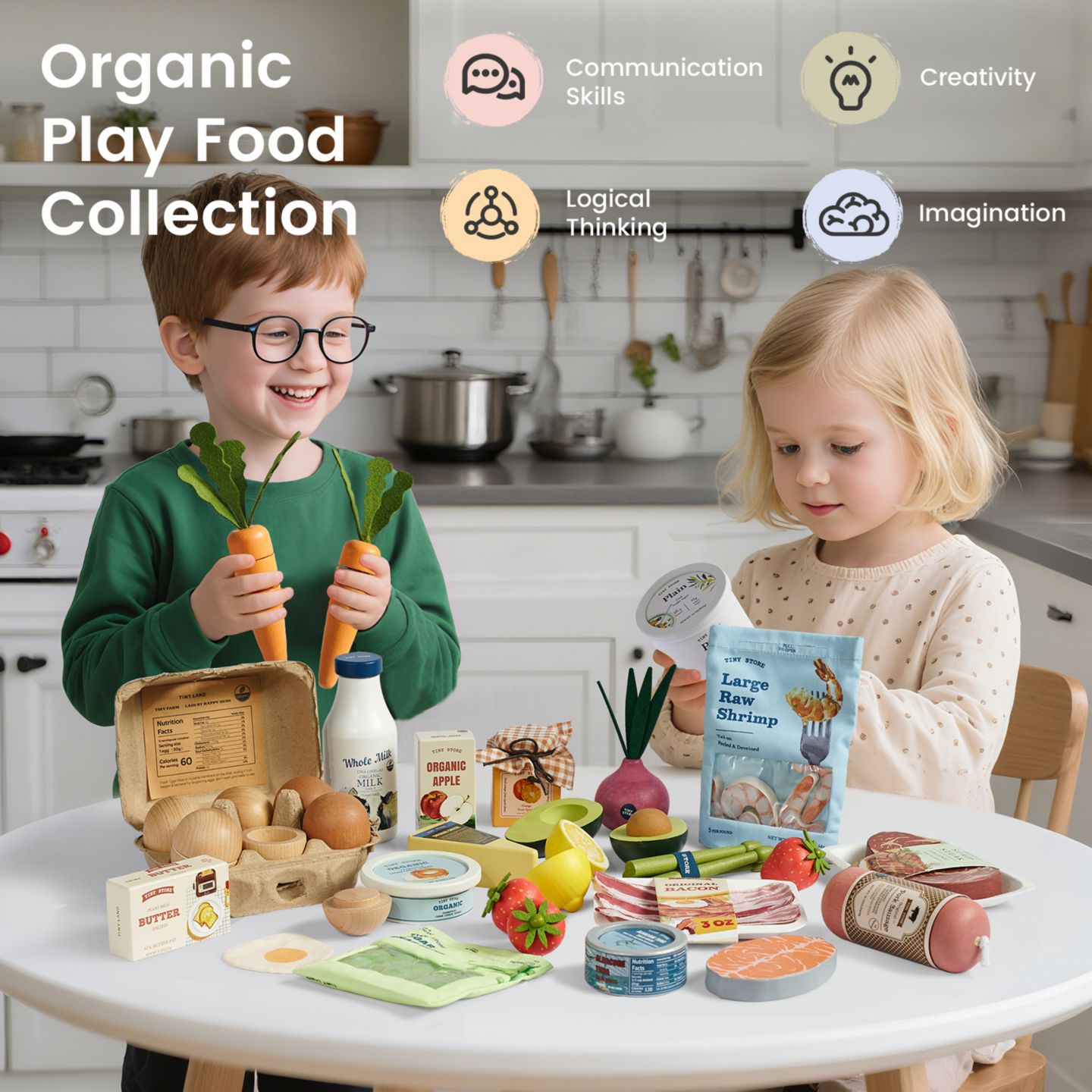 Детские игрушки Tiny Land Natural-Style Wooden 7-Piece Fruit & Veggie Play Set, Ages 2+ — фото 5