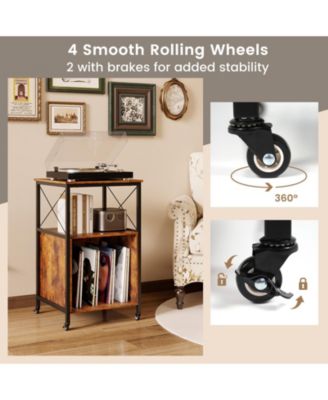 Mobile Record Player Stand with Power Outlet with Open Shelf and Dividers