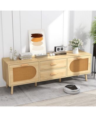 Rattan TV Stand for 65-Inch TV with Drawers and Solid Wood Legs
