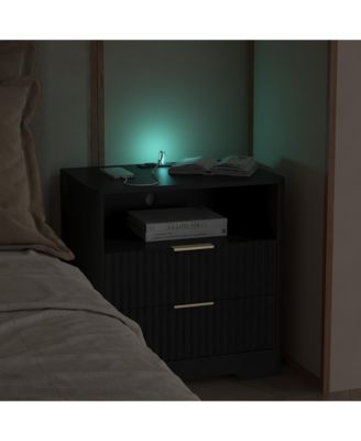 Functional Bedside Cabinet - 2 Drawers, Open Storage Shelf, Integrated Charging Station and Ambient Night Light for Home Decor