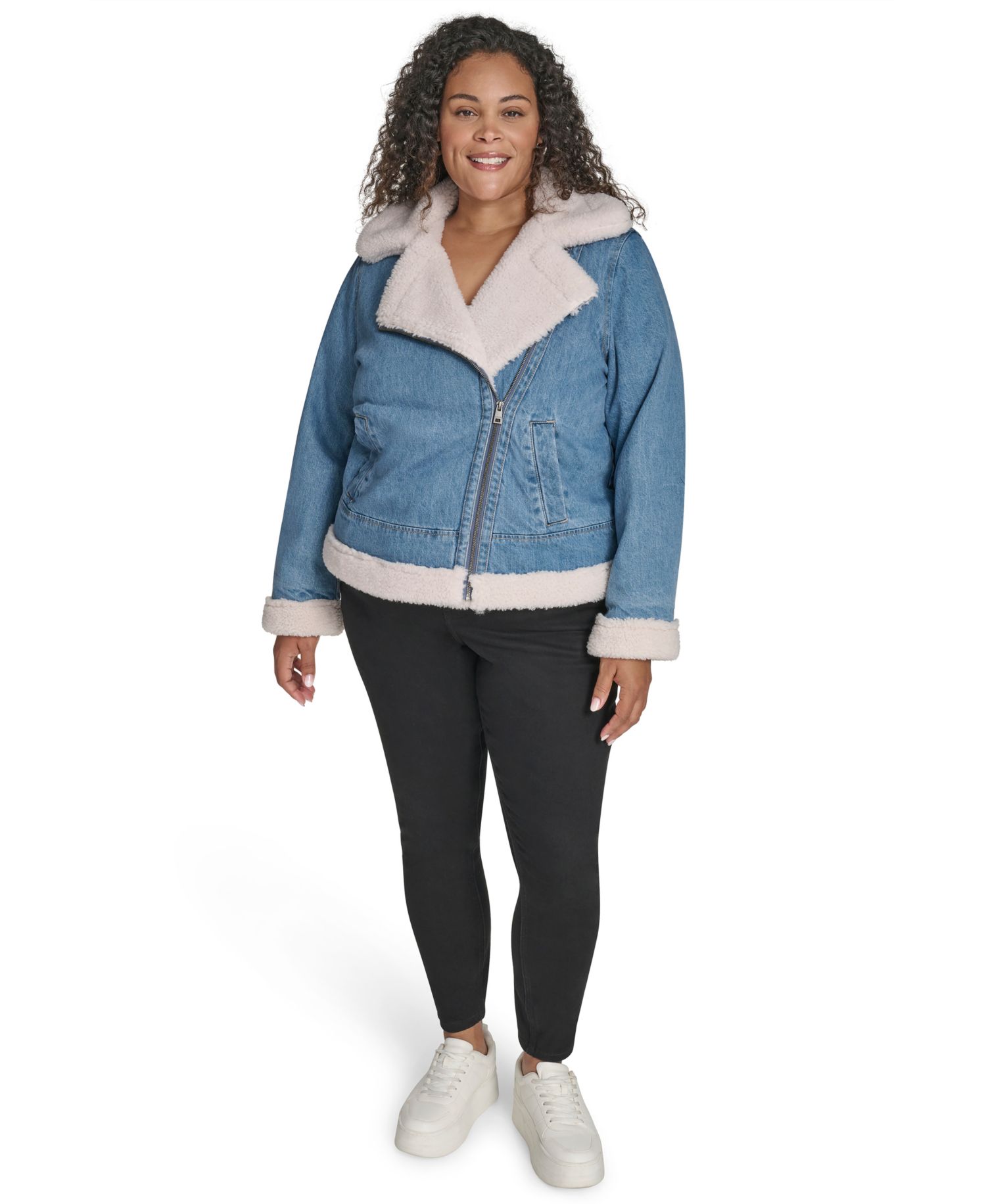 Plus Size Denim Laydown Collar Moto Jacket
