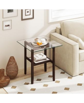 24 Inch 2-Tier Square Glass Coffee Table Center Table with Storage Shelf