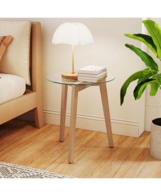 Tempered Glass End Table Round with Solid Rubber Wood Structure-1 Piece
