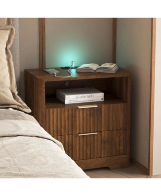 2-Drawer Bedside Nightstand with Built-in Charging Station, LED Night Light and Open Storage Shelf for Bedroom and Living Room