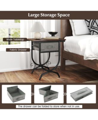 Side Table with Fabric Drawer and Carved Metal Frame for Living Room