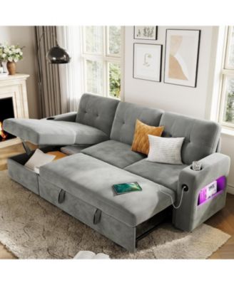 84" Sleeper Sofa with Storage and Charging Station, Convertible Sectional Couch Bed with LED Lights, Reversible Chaise, Pull Out Sofa Bed