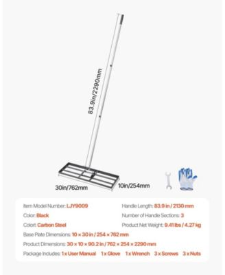 Lawn Leveling Rake, 30x10 in, Carbon Steel, Adjustable Height for Yard Use