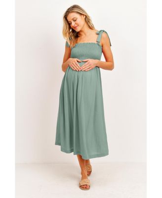 Maternity Smocked Tie-Shoulder Midi Dress