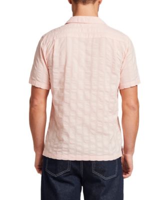 Men's Short-Sleeve Button Down Vertical Texture Camp Collar Cotton Shirt