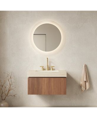 30 Inch Floating Bathroom Vanity with Sink Plywood Cabinet Roma Travertine Stone Top Ceramic Basin 3 Pre Drilled Holes Brown Oak