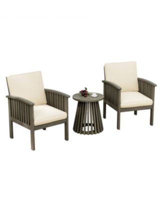 Outdoor Acacia Wood Conversation Set 2 Club Chairs with Foldable End Table Grey Finish Cream Cushion for Garden Patio Deck