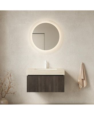 Floating Bathroom Vanity with Roma Travertine Sintered Stone Top, Ceramic Sink, Soft Close Storage, Pre-assembled-Sillysis