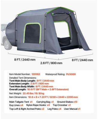 10.6x8 FT SUV Tailgate Tent 5-9 Person PU3000 Waterproof