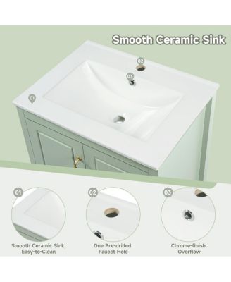 24" Light Green Bathroom Vanity with Ceramic Sink, Freestanding Retro MDF Cabinet, Soft-Close Drawers, Ample Storage for Small Spaces