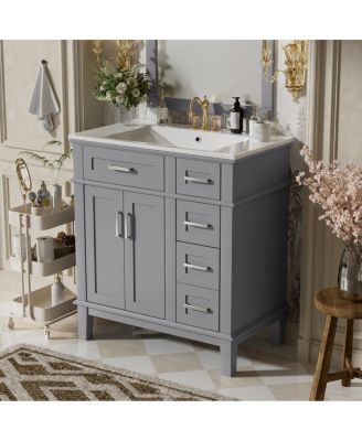 30 Inch Modern Bathroom Vanity with Ceramic Sink, Solid Wood MDF Freestanding Cabinet, Soft Close Drawers for Small Spaces