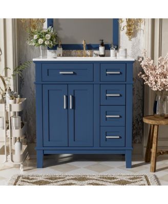 30 Inch Modern Bathroom Vanity with Ceramic Sink, Solid Wood MDF Freestanding Cabinet, Soft Close Drawers for Small Spaces