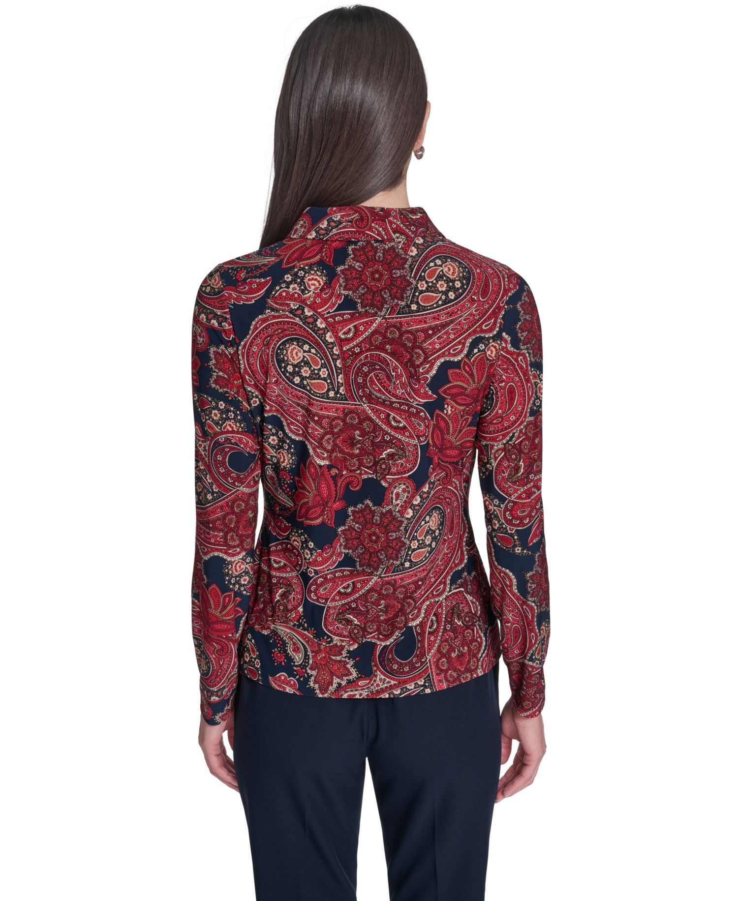 Women's Long-Sleeve Paisley Print Collared Top