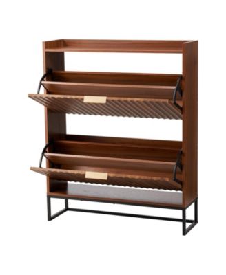 Mid-Century Fluted Shoe Cabinet with 2 Flip Drawers and Anti-Tip Device