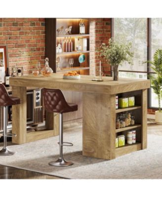 Wooden Farmhouse Bar Table, 55" Large Counter Height Table with Storage Shelves, Modern Home Bar Furniture