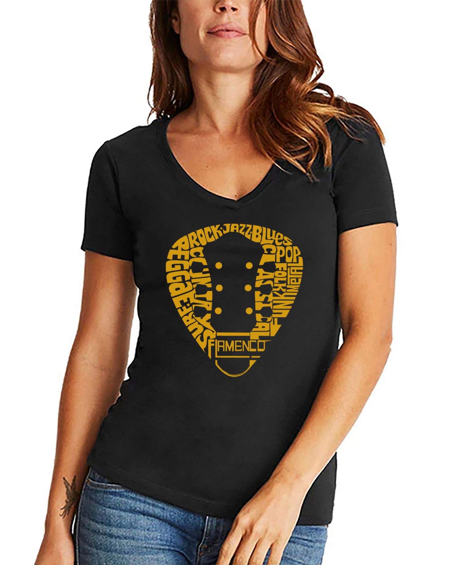 Women's Guitar Pick Genres Word Art V-Neck T-Shirt