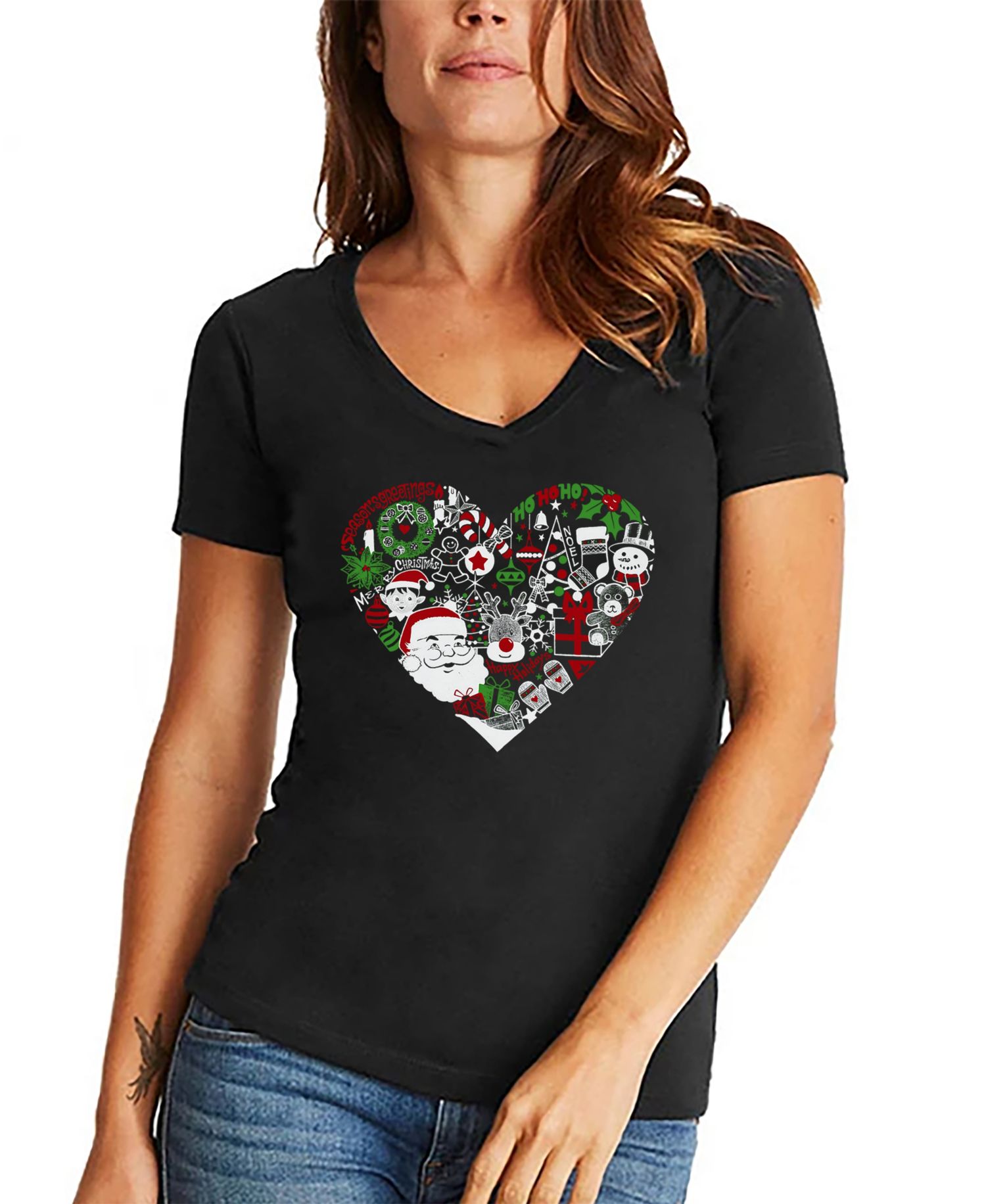 Women's Christmas Themed Heart Word Art V-Neck T-Shirt