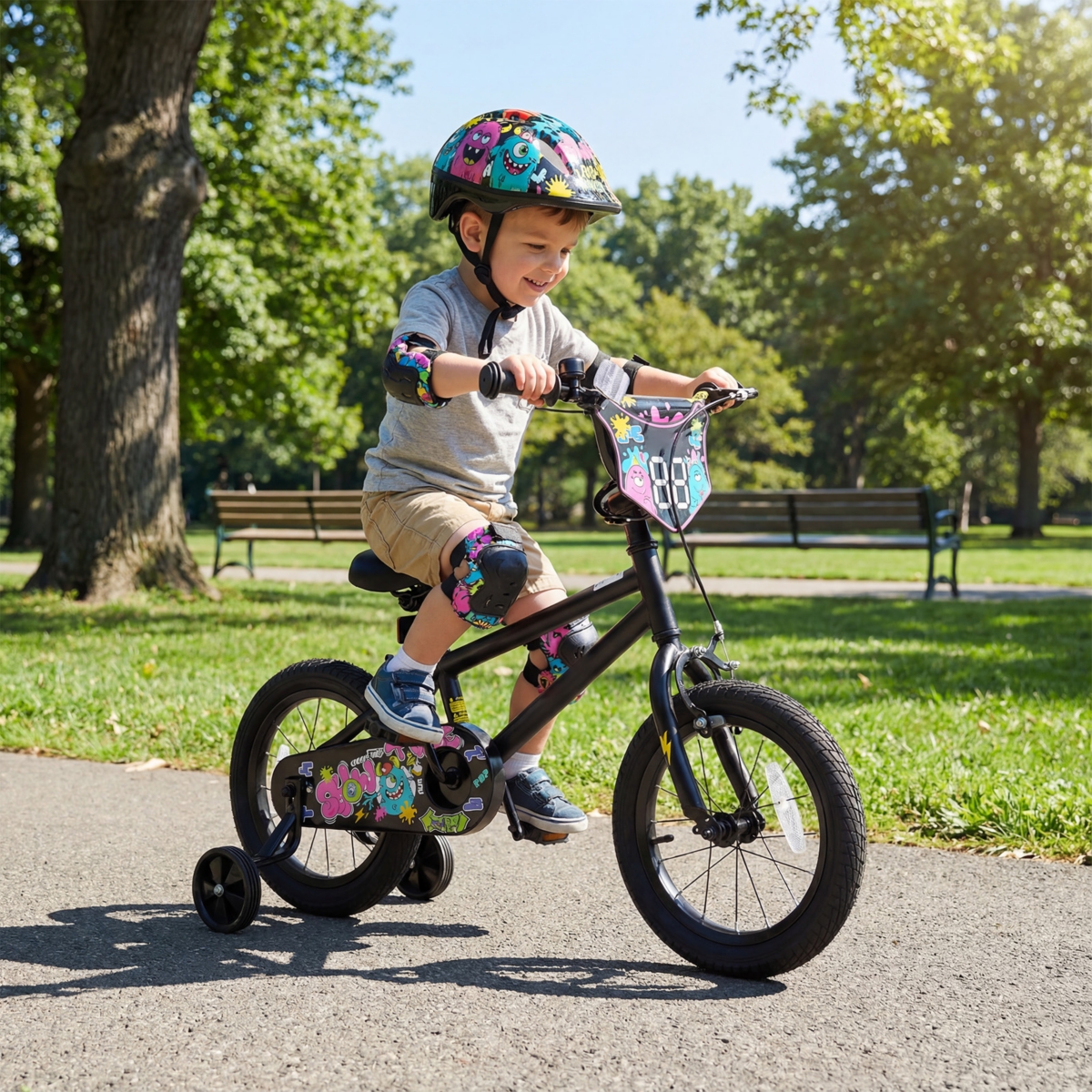 Slickblue Toddler Bike with Training Wheels and Street Art Pattern for Kids