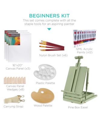 French Easel, 32pc Beginners Kit Portable Wooden Adjustable Tripod  w/ Paint Supplies