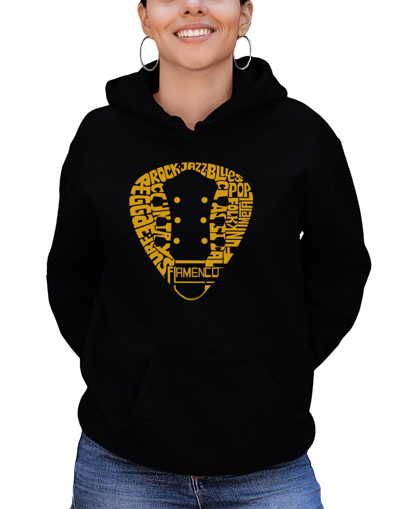 Женское худи LA Pop Art Guitar Pick Genres Word Art Hooded, цвет: Чёрный — фото 1