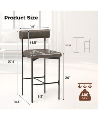Upholstered Counter Height Bar Stool Set of 2 with Padded Backrest and Metal Frame