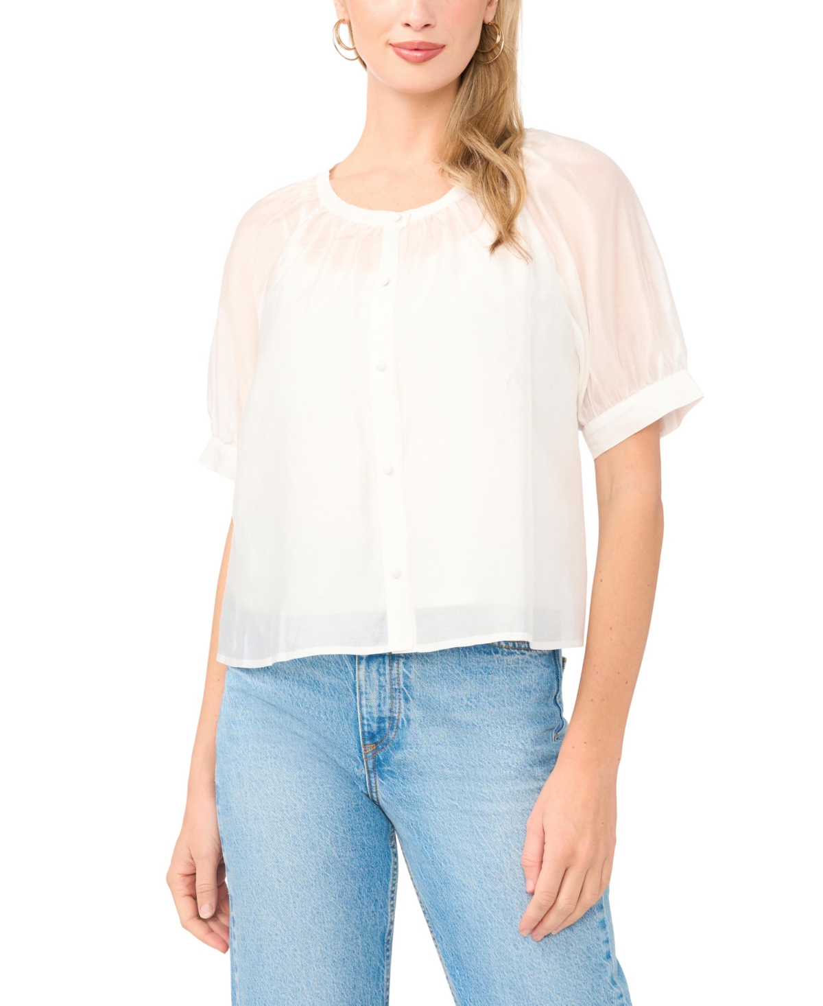 Vince Camuto Women's Crewneck Button Down Short-Sleeve Flowy Top