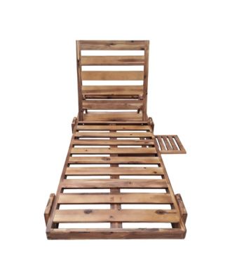 78.8'' Outdoor Chaise Lounge Chair, Acacia Wood Reclining Chair with Headrest, Retractable Side Tray and Adjustable Backrest for Beach