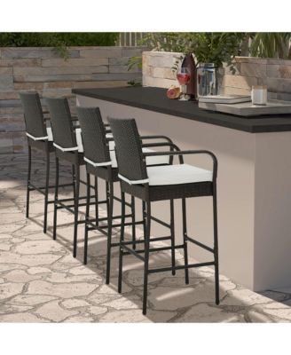 4PCS Patio PE Wicker Bar Chairs Counter Height Barstools With Armrests and Cushions