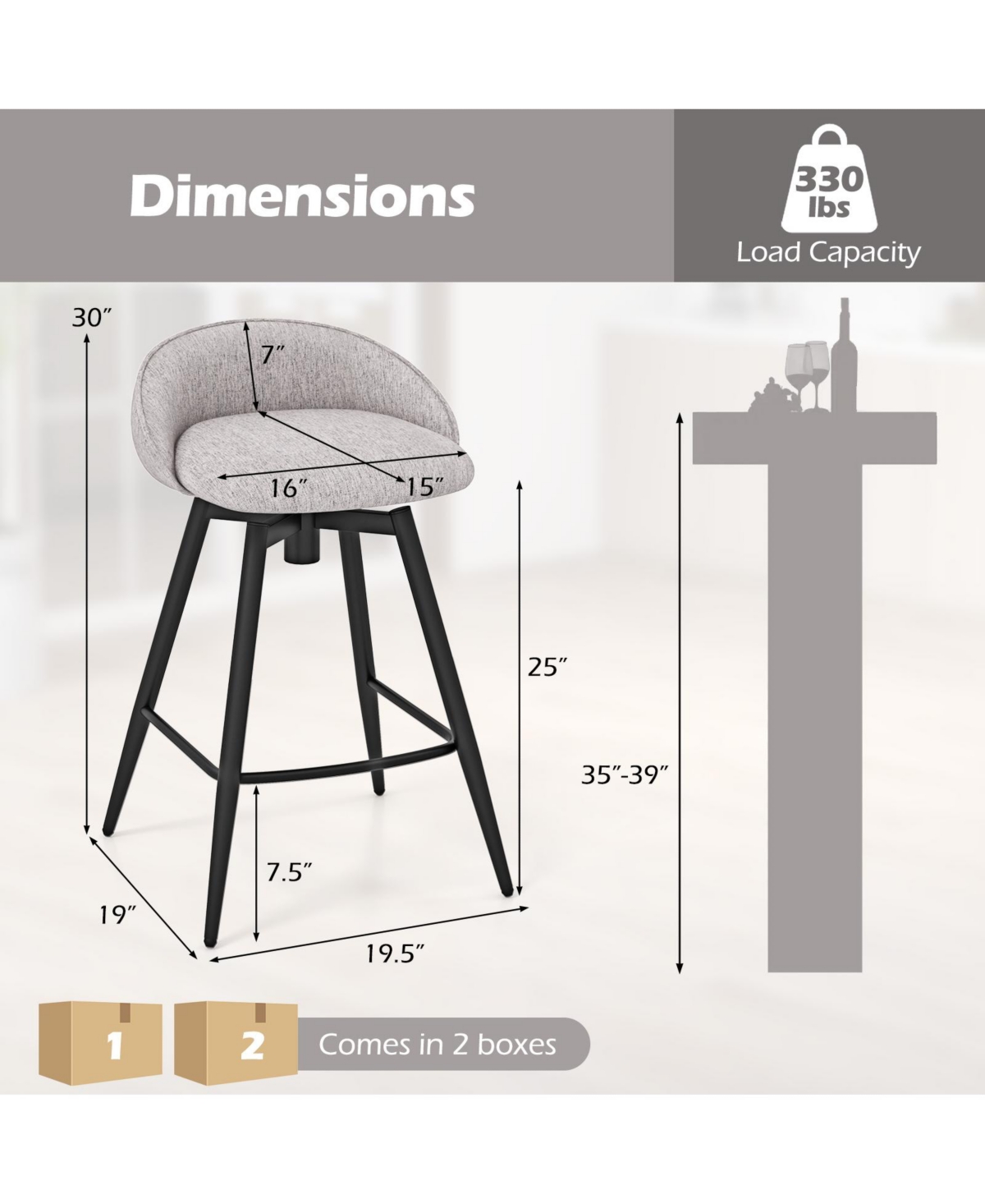 Sugift Set of 2 Upholstered Bar Stools with Footrest and Backrest