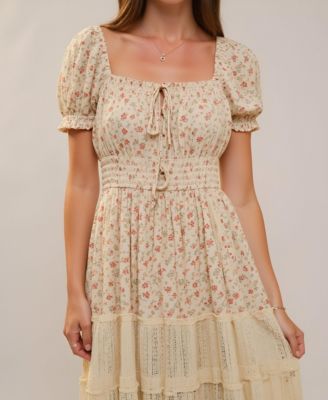 Women's Floral Puff-Sleeve Smocked-Waist Maxi Dress