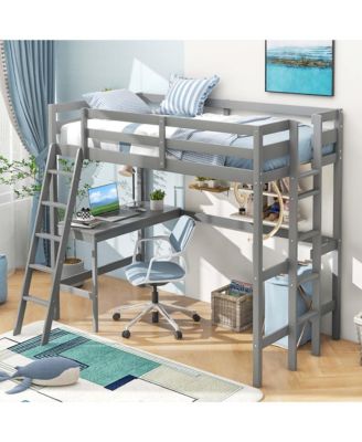 Loft Bed w/ Desk & Shelf 2 Ladders & Guard Rail for Kids Teens Bedroom