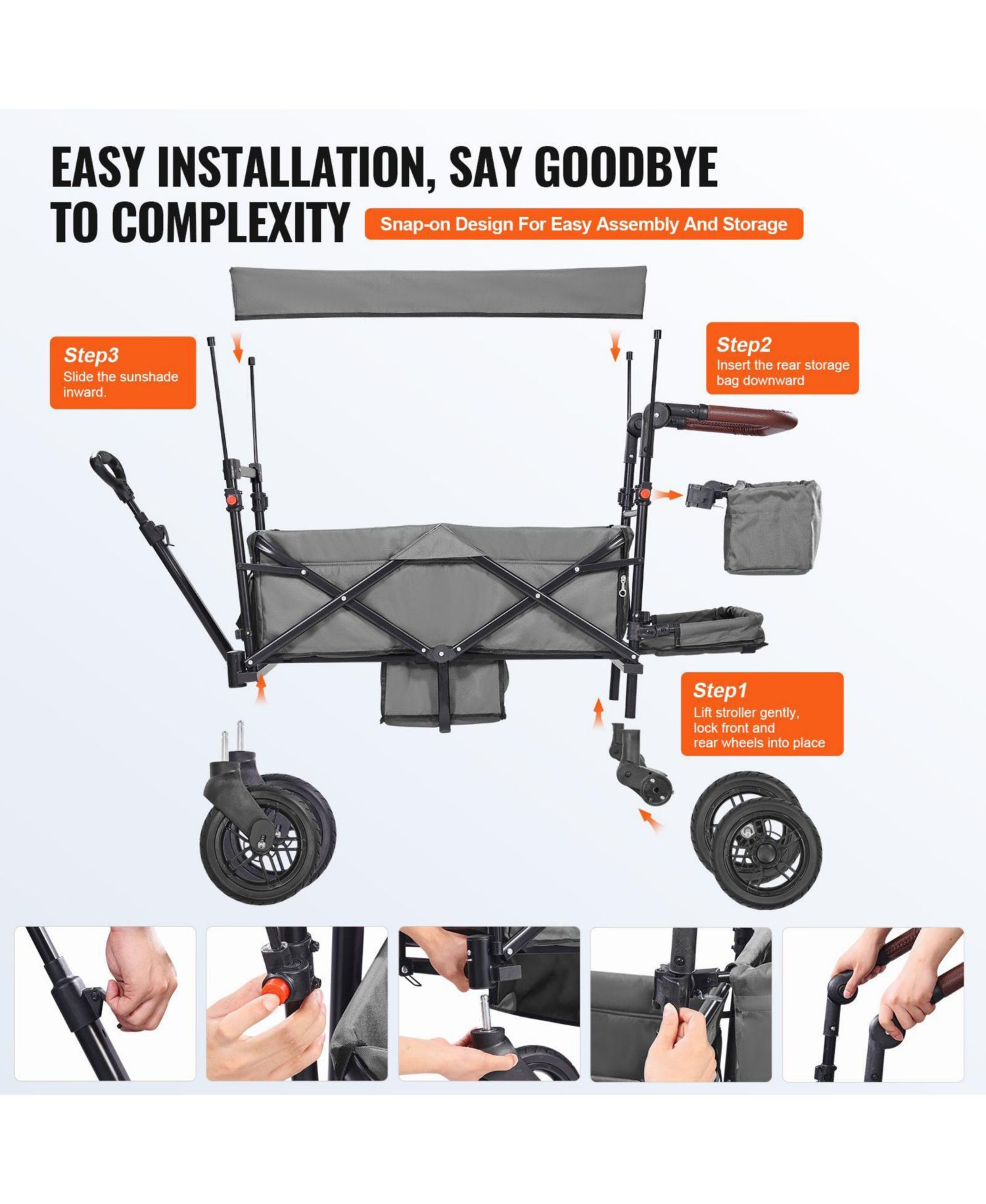 Wagon Stroller for 2 Kids, Collapsible Push Pull Quad Stroller with Adjustable Handle, Harness, Removable Canopy