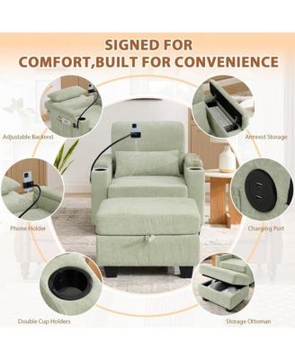 Multi-Functional Accent Chair and Storage Ottoman, Convertible Chaise Sleeper with USB and Phone Stand for Living Room and Apartment