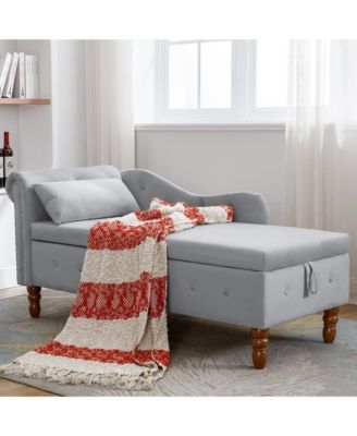 Velvet Upholstered Chaise Lounge Chair, Modern Rolled Armrest Accent Chair with Hidden Storage, Nailhead Trim and Pillow for Living Room