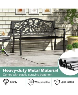 50 Inches Outdoor Cast Iron Metal Patio Bench with Floral Design Backrest and Slatted Seat