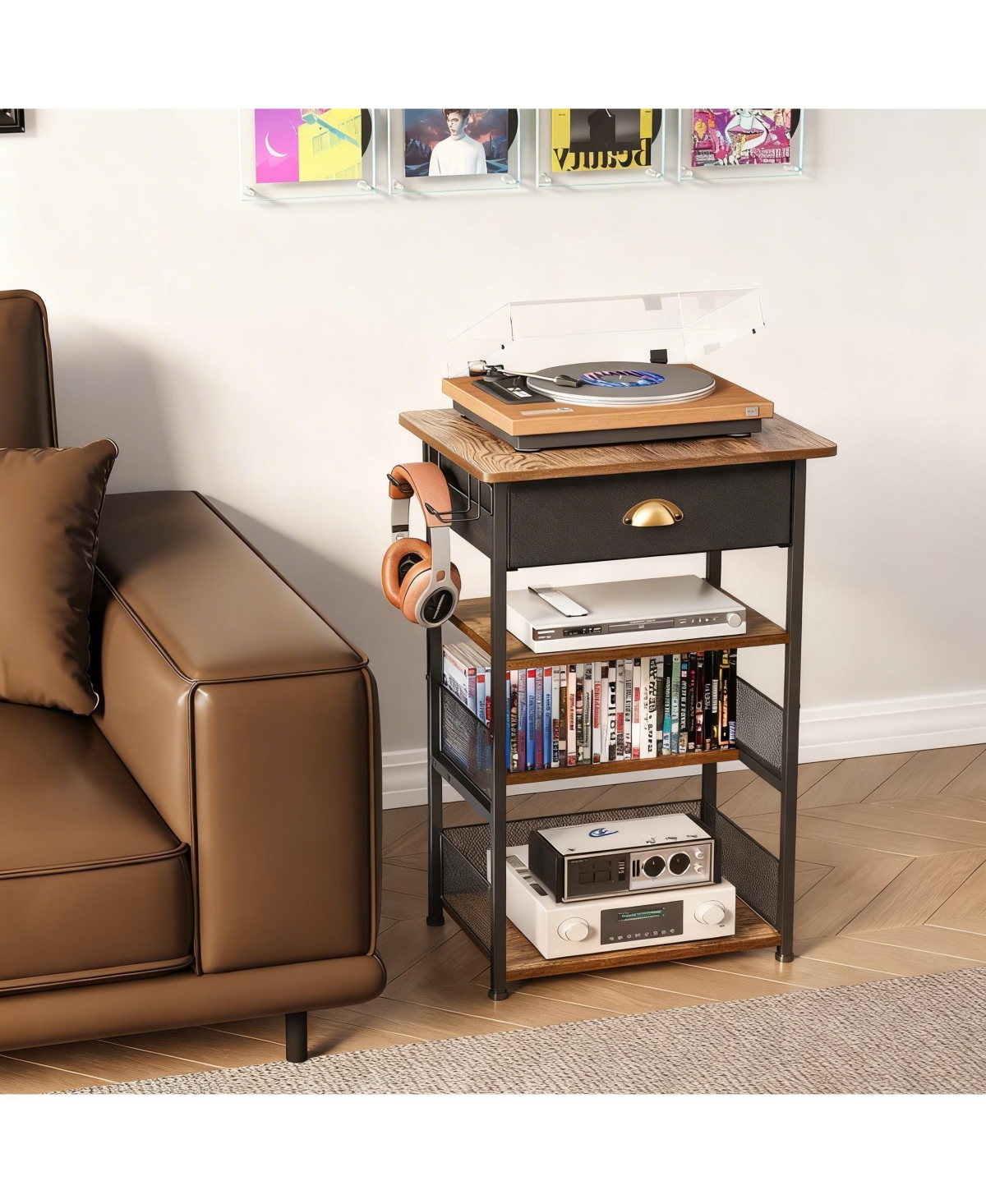 Yigii 4-Tier Media Stand with Drawer Game Console Shelf Audio Rack Tower with 2 Hooks