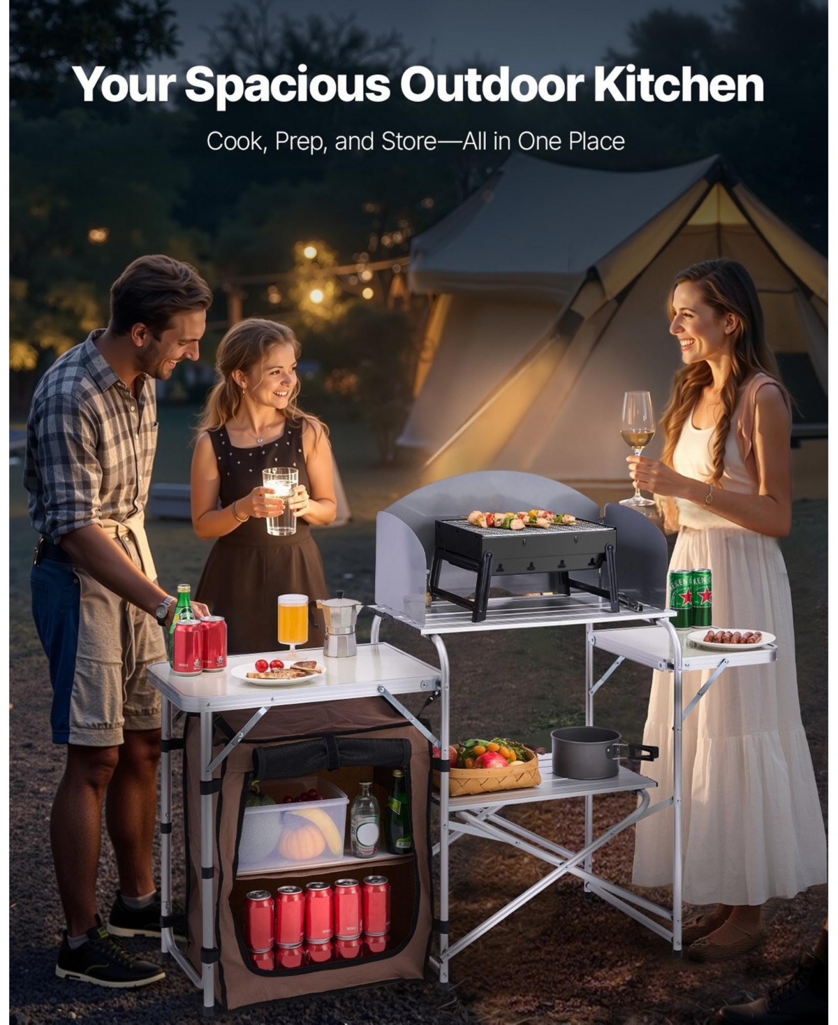 Gouun Portable Folding 2-Tier Outdoor Kitchen with Zippered Storage Bag for Bbq, Party and Camping