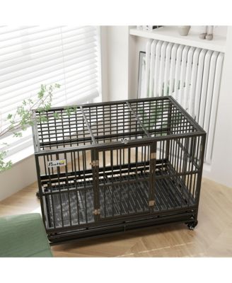 48" Heavy Duty Metal Dog Crate Kennel with Lockable Wheels, Double Door and Removable Tray