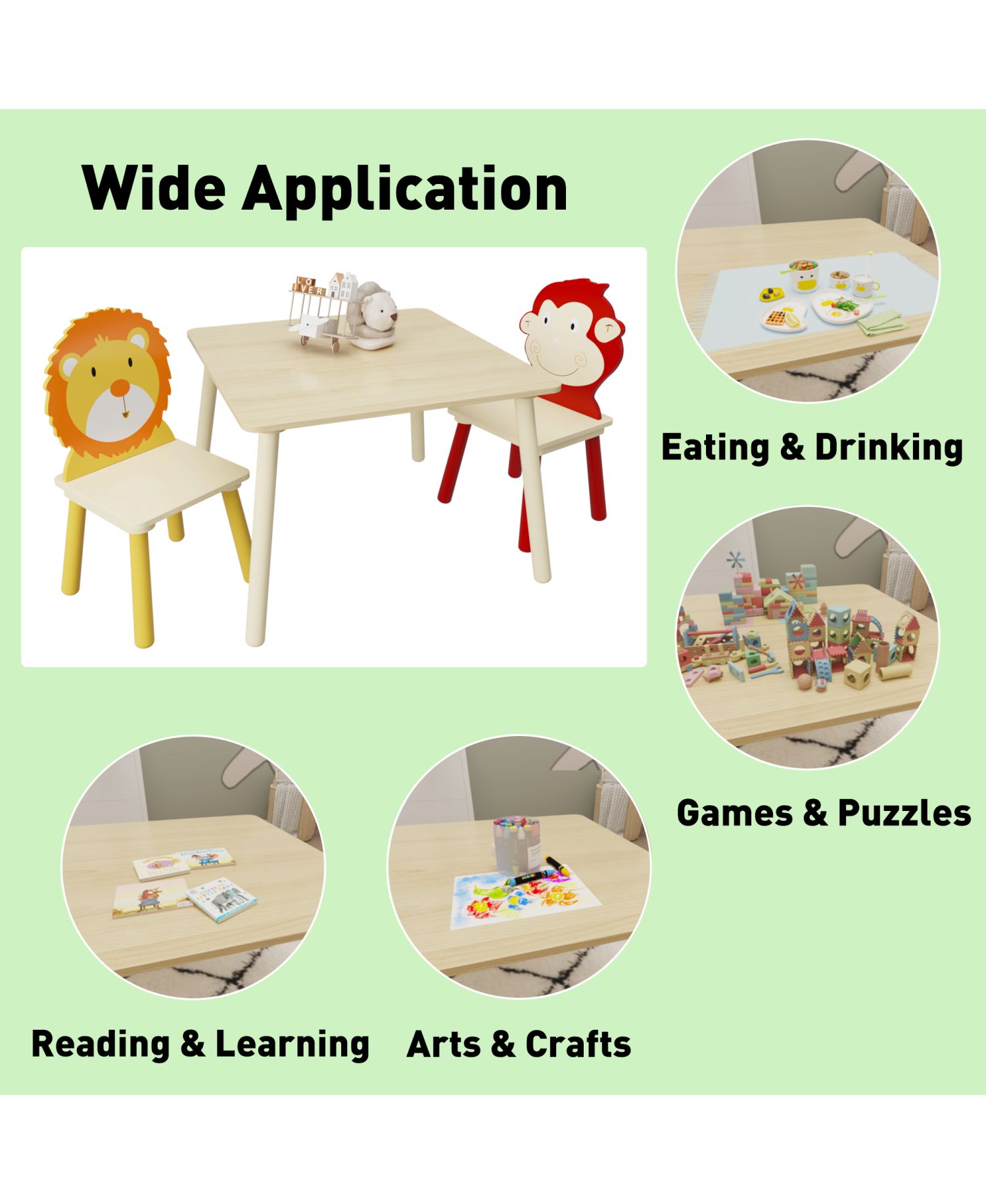 3 Piece Wood Table and Chair Set, w/ 2 LionandMonkey Animals Chairs, Wood Activity Tables Drawing Play Table Set, for Age 2-6 Boy Girl