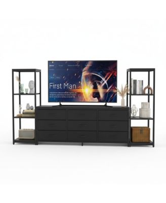 TV Stand Dresser for Up to 75" TV, 9 Fabric Drawers, 2 4-Tier Shelves, Wood Look