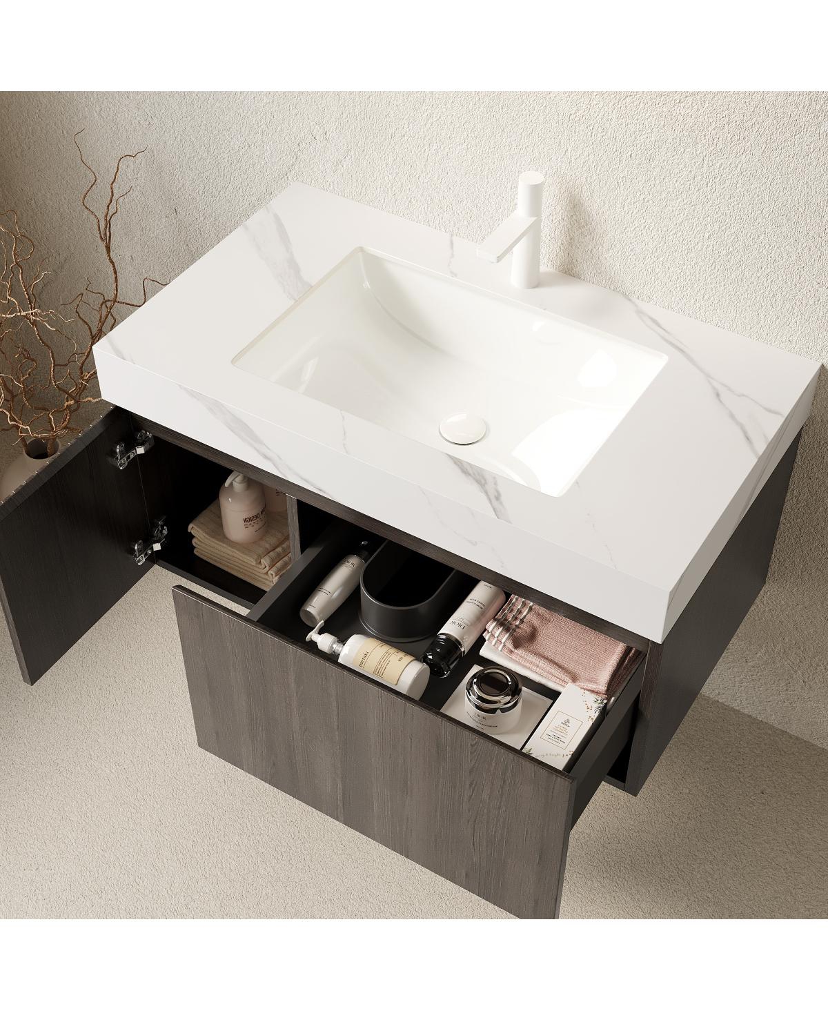 Sillysis Inch Wall Mounted Bathroom Vanity with Carrara Sintered Stone Top, Ceramic Sink