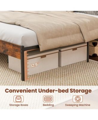 Full Size Metal Bed Frame with Wooden Headboard and Footboard