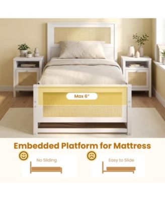 Twin Solid Wood Platform Bed Frame with Storage Drawers and Rattan Headboard