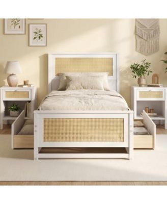 Twin Solid Wood Platform Bed Frame with Storage Drawers and Rattan Headboard