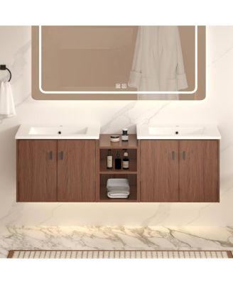 58 Inch Double Sink Wall Mounted Bathroom Vanity with MDF Cabinet, Soft Close Doors and Storage Shelves, Modern Transitional Design-Sillysis